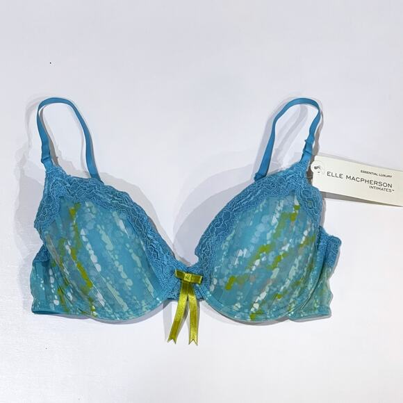 NEW Elle MacPherson 34B Sheer Ribbons Contour Bra Lace Underwire Blue Print Bow - Picture 1 of 6